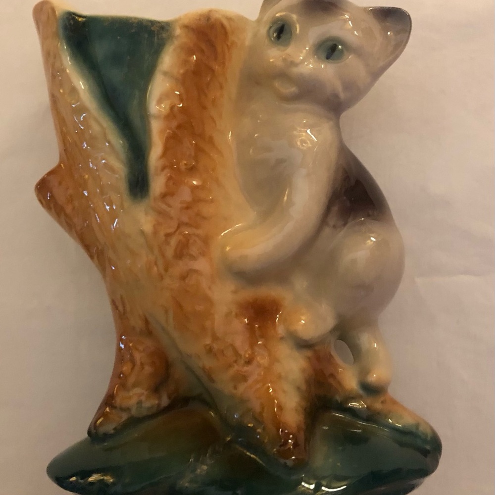 Royal Copley Ceramic Cat Climbing a Tree Figurine Vase - Green, White and Brown